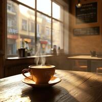 A coffee cup sits on a table in front of a window photo