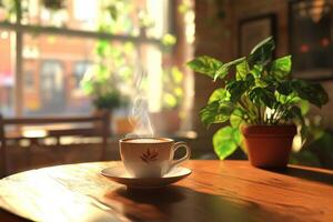 Steaming cup of coffee beside a plant in a cozy cafe photo