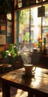 Warm cup of coffee on a rustic table in a cozy cafe photo