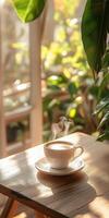 Warm cup of coffee in a sunlit cafe surrounded by plants photo