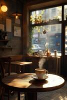Coffee cup with steam in a cozy cafe during the day photo