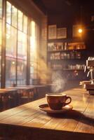 Coffee cup on wooden table in front of window photo