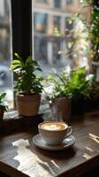 Warm cup of coffee by the window in a cozy cafe photo