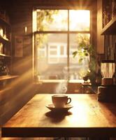 Warm sunlight filters through a cozy cafe window photo