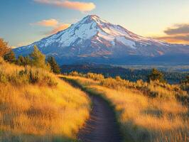 A trail leading to a mountain with a snow capped peak photo