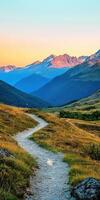 Scenic mountain pathway at twilight with vibrant skies photo