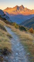 Mountain trail with golden sunlight illuminating peaks photo