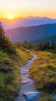Explore the winding trail at sunset in the mountains photo