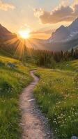 Majestic sunset over a winding path in the mountains photo
