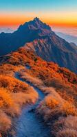 Hiking trail leading to a vibrant mountain peak at sunset photo