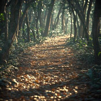 Winding path through a sunlit forest in autumn photo