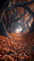 Mysterious forest path lined with twisted trees in autumn photo