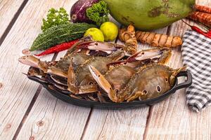 A pan filled with crabs and other vegetables photo