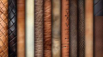 Variety of leather textures in warm colors displayed in rows photo