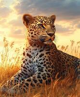 A leopard is sitting in the grass at sunset photo
