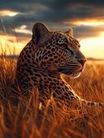 A leopard is sitting in the grass at sunset photo