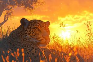 Leopard resting in golden grass at sunset in savannah photo