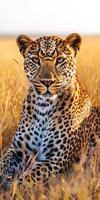 Majestic leopard resting in golden grassland at sunset photo