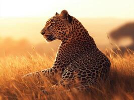 A leopard sitting in the grass at sunset photo