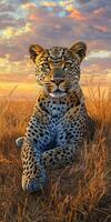 Majestic leopard lounging in tall grass at sunset photo