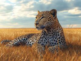 Leopard resting in golden grass under a cloudy sky photo