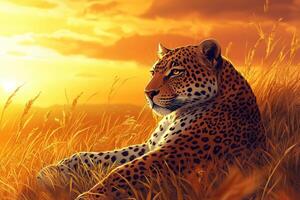 Majestic leopard rests in golden grass at sunset photo