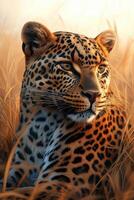 A leopard sitting in tall grass with a sun shining photo
