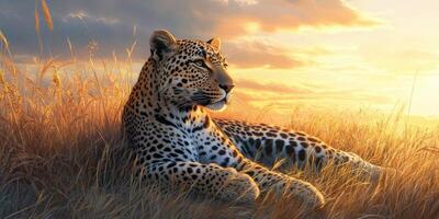 Leopard resting in tall grass during sunset photo