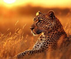 A leopard is sitting in the grass at sunset photo