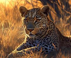 A leopard is sitting in the grass at sunset photo