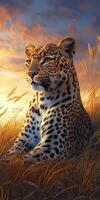 A leopard sitting in tall grass at sunset photo