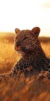 Leopard resting in golden grass during sunset in the wild photo