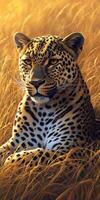 Leopard resting in golden grassland under warm sunlight photo