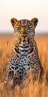A leopard sitting in the grass with its eyes closed photo