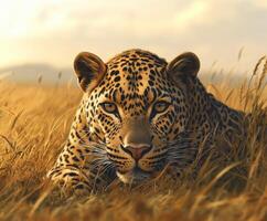 A leopard laying in the grass in a field photo