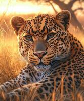 A leopard is laying in the grass at sunset photo