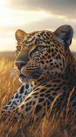 A leopard sitting in tall grass at sunset photo