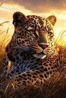 A leopard is sitting in the grass at sunset photo
