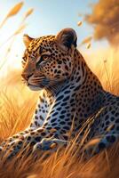 A leopard sitting in tall grass with the sun setting behind it photo