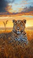 A painting of a leopard in the grass photo