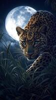 Leopard stalks through tall grass under a full moon photo