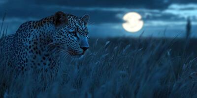 Leopard prowls in the moonlight under a cloudy night sky photo