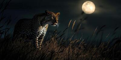 Leopard under a full moon in a grassland at night photo
