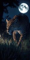 Leopard stalks silently through grass under moonlight photo