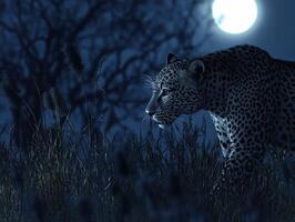 Leopard stalking in moonlit grassland at night photo