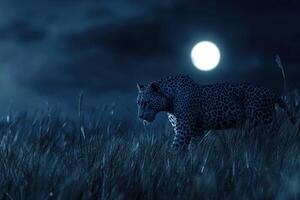 A leopard walking in the grass at night photo