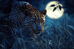 Leopard stealthily moving through grass at night under full moon photo