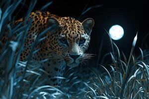 Leopard stalking through grass under moonlight at night photo