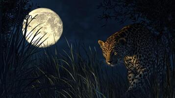 Leopard walking through tall grass under a full moon photo
