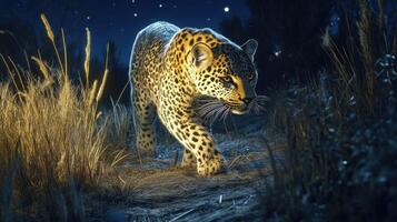 Leopard prowls through grasslands under a starlit sky photo